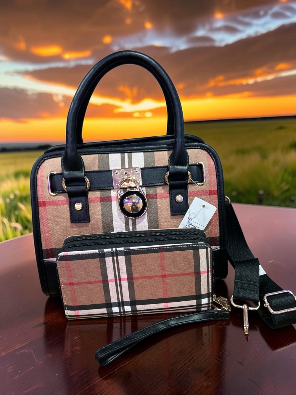 Wendy Keen Plaid Satchel and Wallet Set with Black Trim - Beige/Tan Plaid